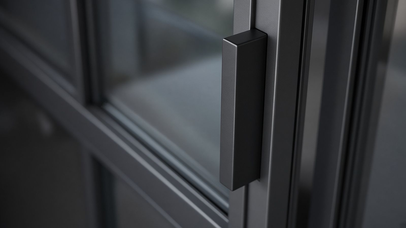 Close-up of a black sliding door handle