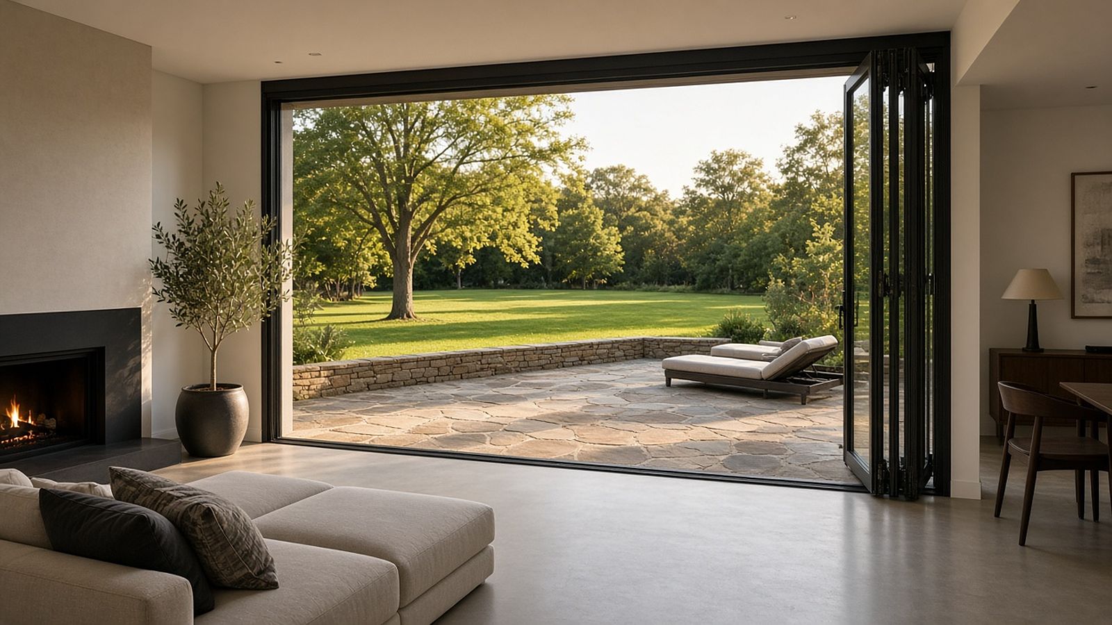 Folding glass doors open to a stone patio
