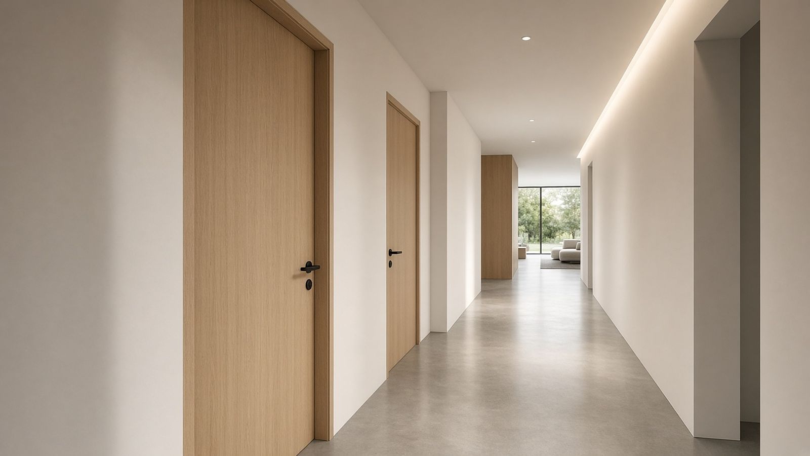 Hallway with light oak flush interior doors